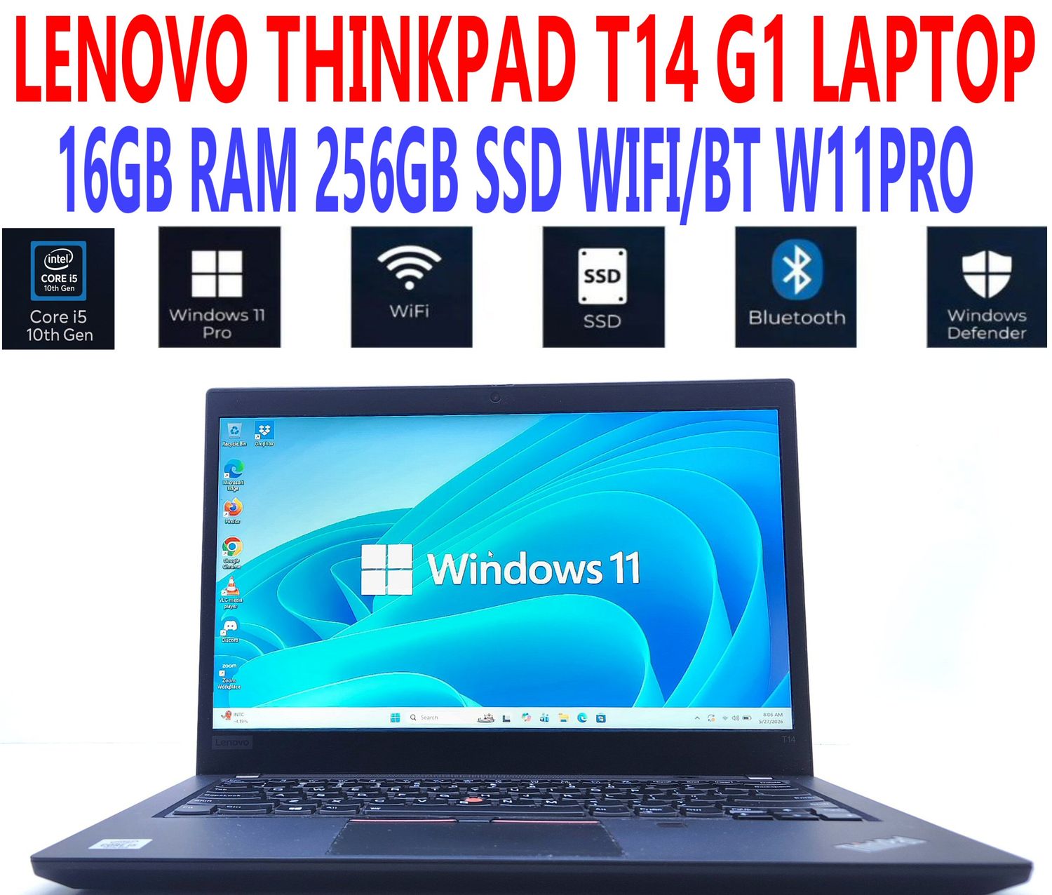 LENOVO THINKPAD T14 G1 LAPTOP ITL 14 LENOVO THINKPAD T14 G1 LAPTOP ITL 14" i5-10210U 1.60GHz 16GB RAM 256GB SSD WIFI/BT W11PRO EXTRAS