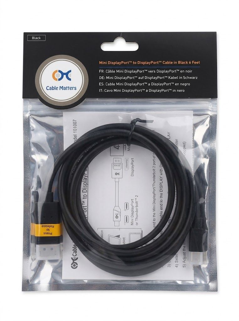 NEW CABLE MATTERS MINI DISPLAYPORT TO DISPLAYPORT CABLE (BLACK, 6 FEET) SEALED PACKAGE