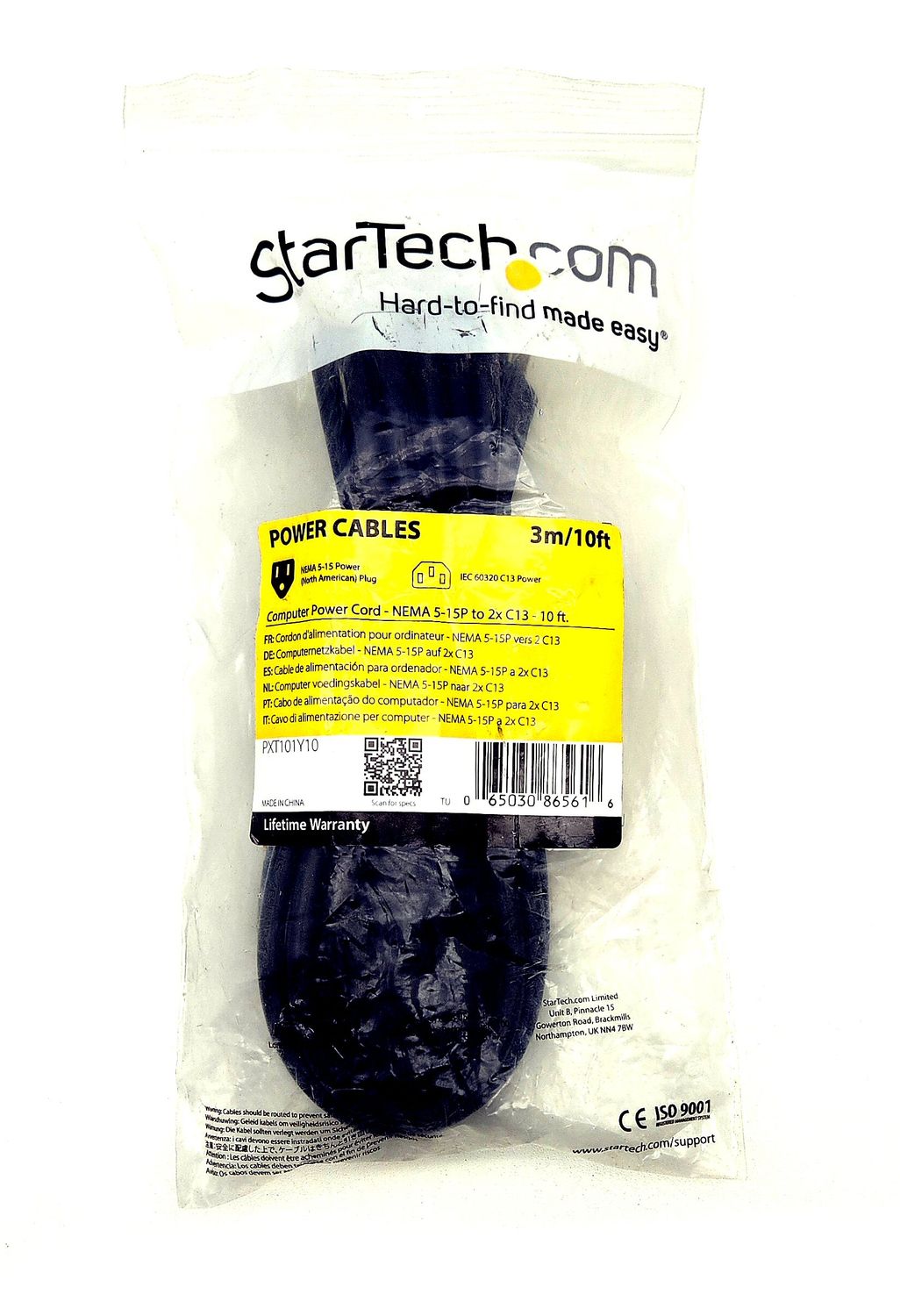 NEW STARTECH 10FT (3M) COMPUTER DUAL POWER CORD, NEMA 5-15P TO 2X IEC 320 C13, 10A 125V, 18AWG.