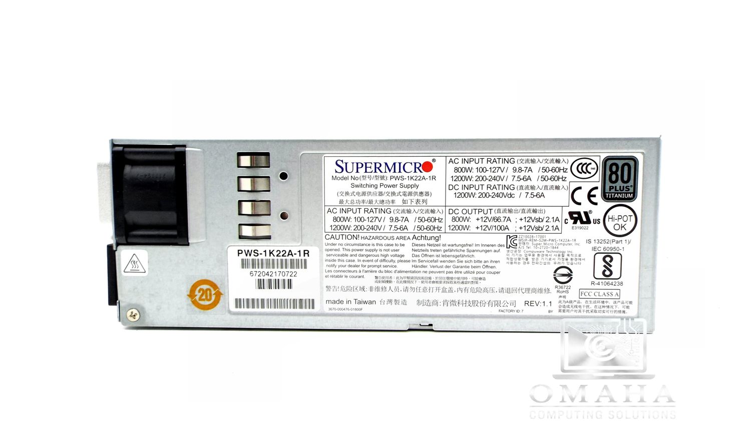 SUPERMICRO PWS-1K22A-1R 800W/1200W 1U REDUNDANT HOT-SWAP SERVER POWER SUPPLY TESTED WORKING