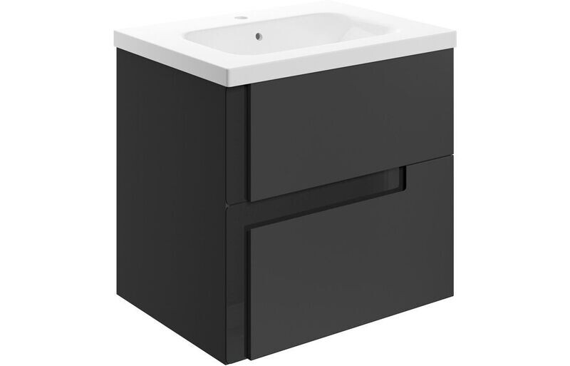 Shadow 615mm Wall Hung 2 Drawer Basin Unit & White Basin - Matt Black & Glass