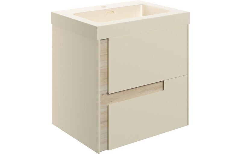 Shadow 605mm Wall Hung 2 Drawer Basin Unit & Co-ordinating Basin - Matt Cotton & Oak Effect