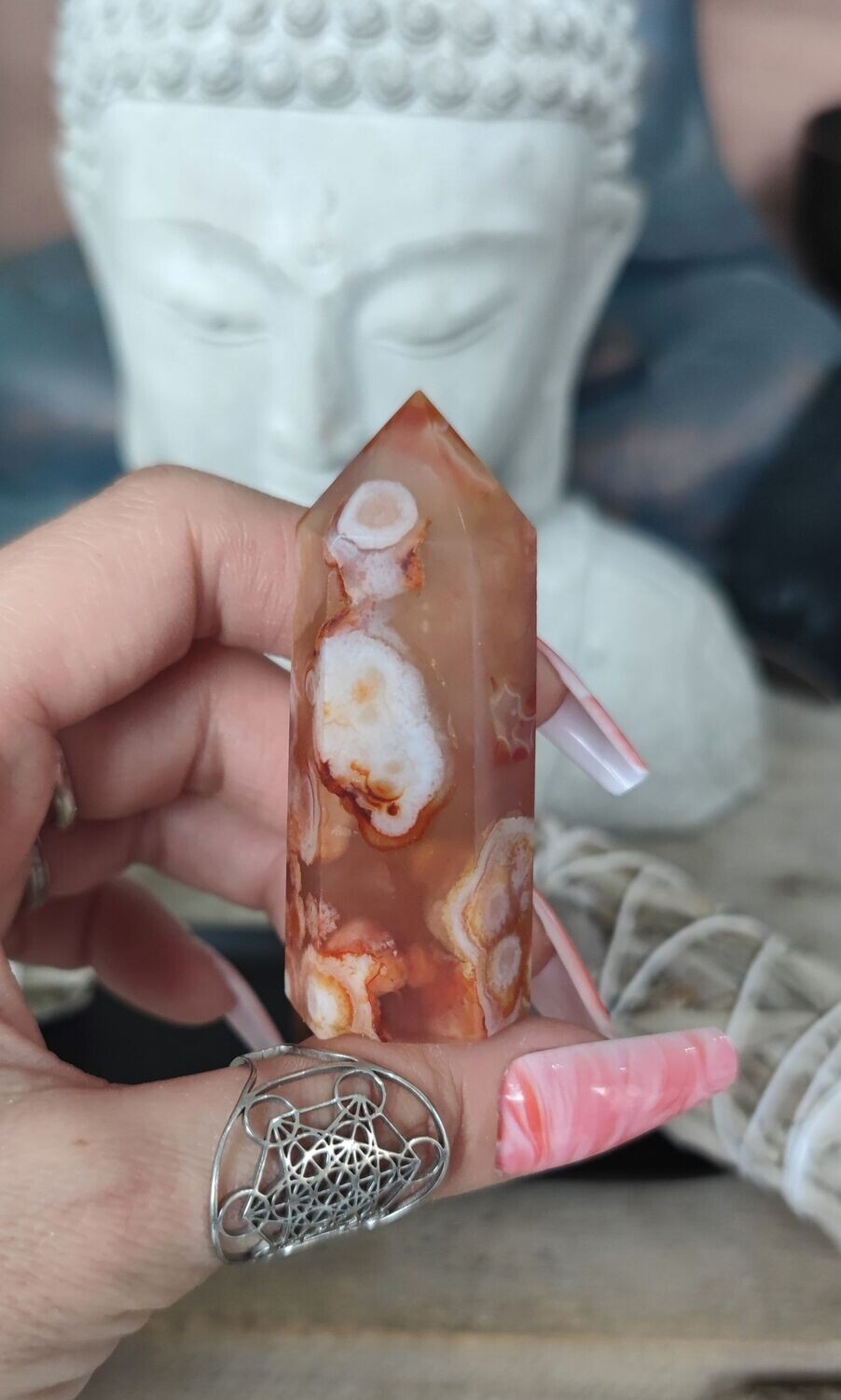 Tour de Cornaline avec inclusion d'Agate Fleur (au choix), Modèle et Prix: Tour 1 - H6,10 x D2,45cm environ