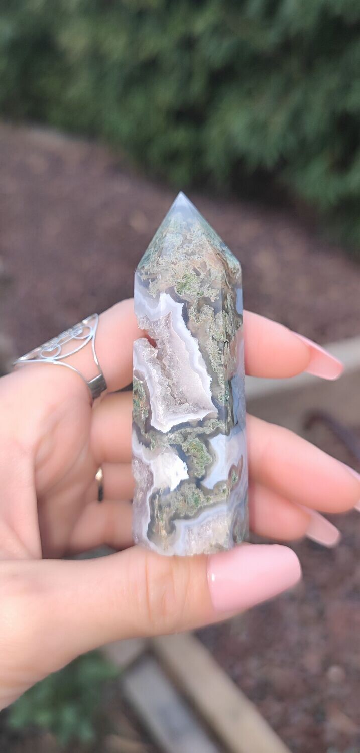 Tour d'Agate Mousse avec Druse - Qualité supérieure (au choix), Modèle et Prix: Tour 2 - H8,10 x D2,77cm environ