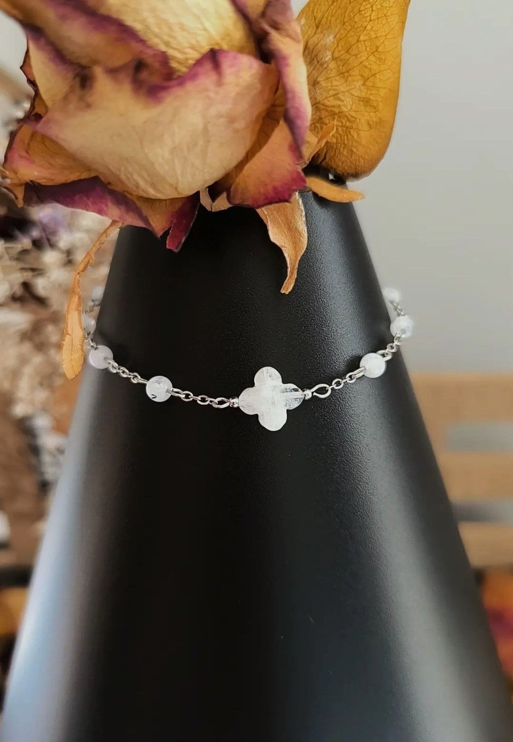 Bracelet "Amalya" en Pierre de Lune et Acier Inoxydable Argenté
