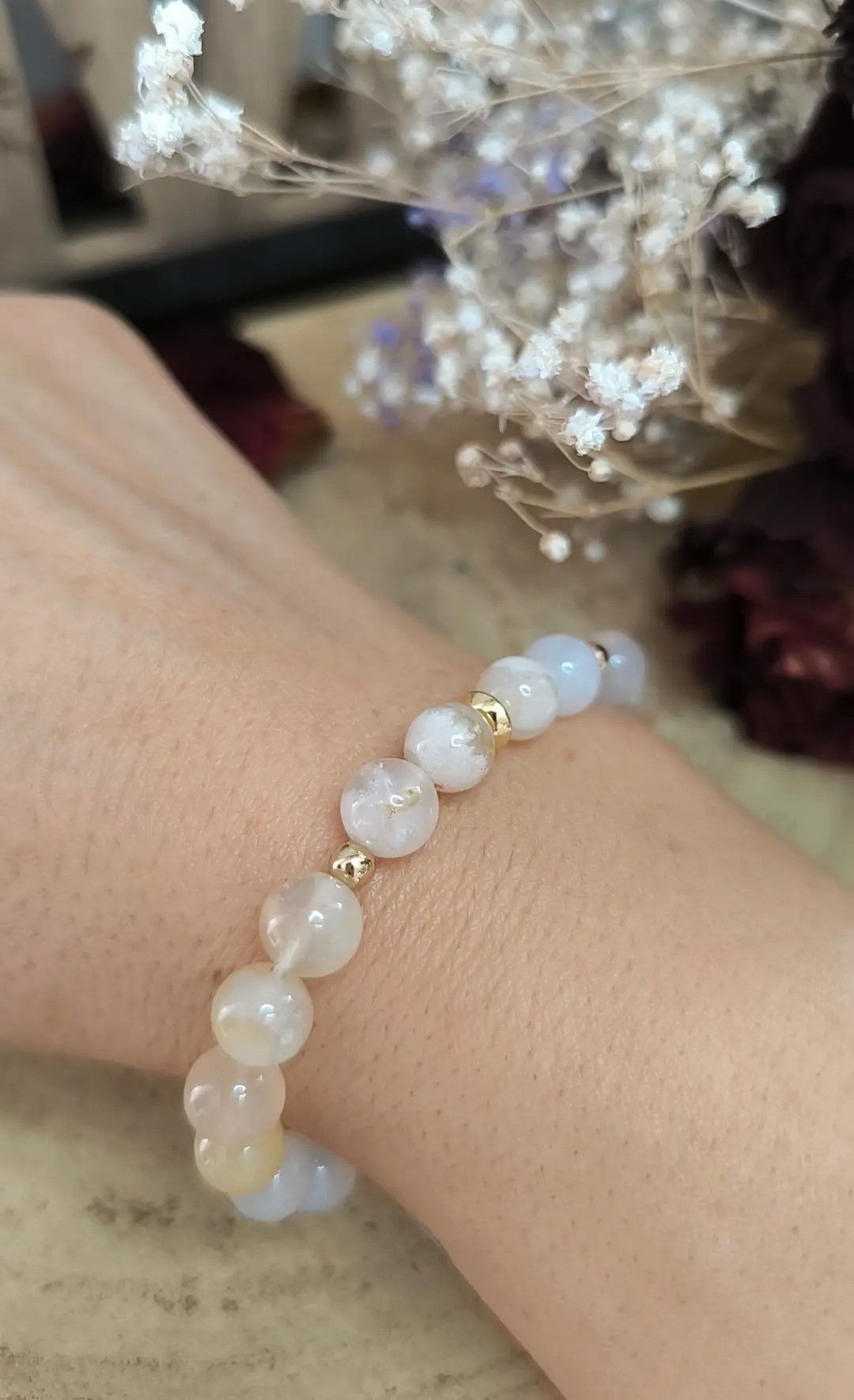 Bracelet en Agate Fleur (Sakura) et Perle en Acier Inoxydable Doré