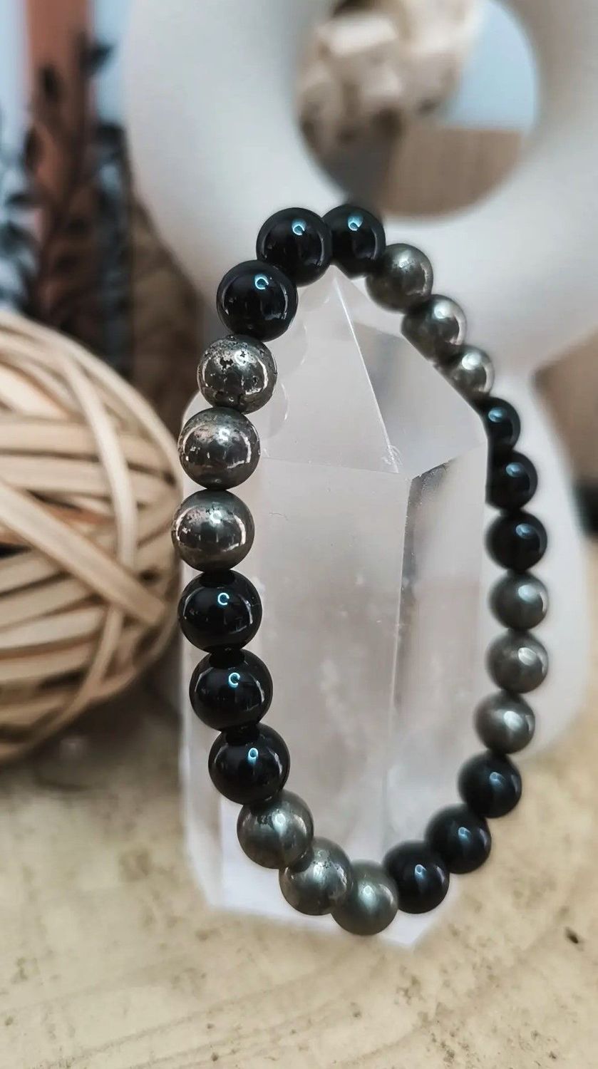 Bracelet "Chance et Protection" - Pyrite et Tourmaline Noire / Pour Lui