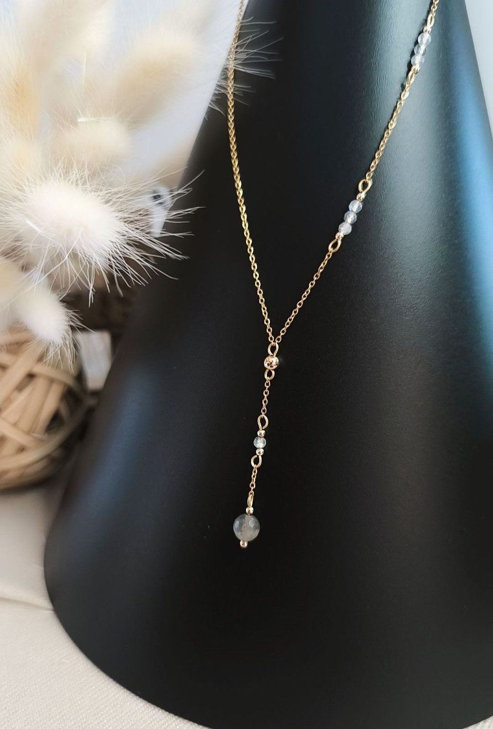 Collier en Y "Aurore" - Labradorite et acier inoxydable doré