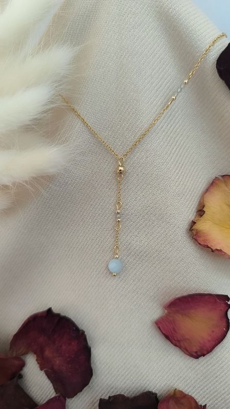 Collier en Y "Aurore" - Aigue Marine et acier inoxydable doré