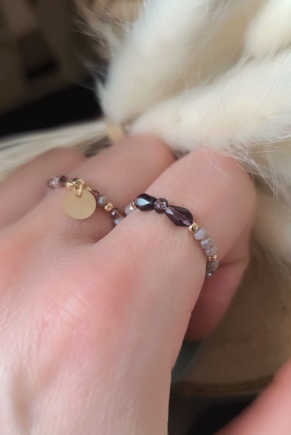 Bague " Éphéa " Perles en verre Violette - Disponible en Or laminé ou Argent 925