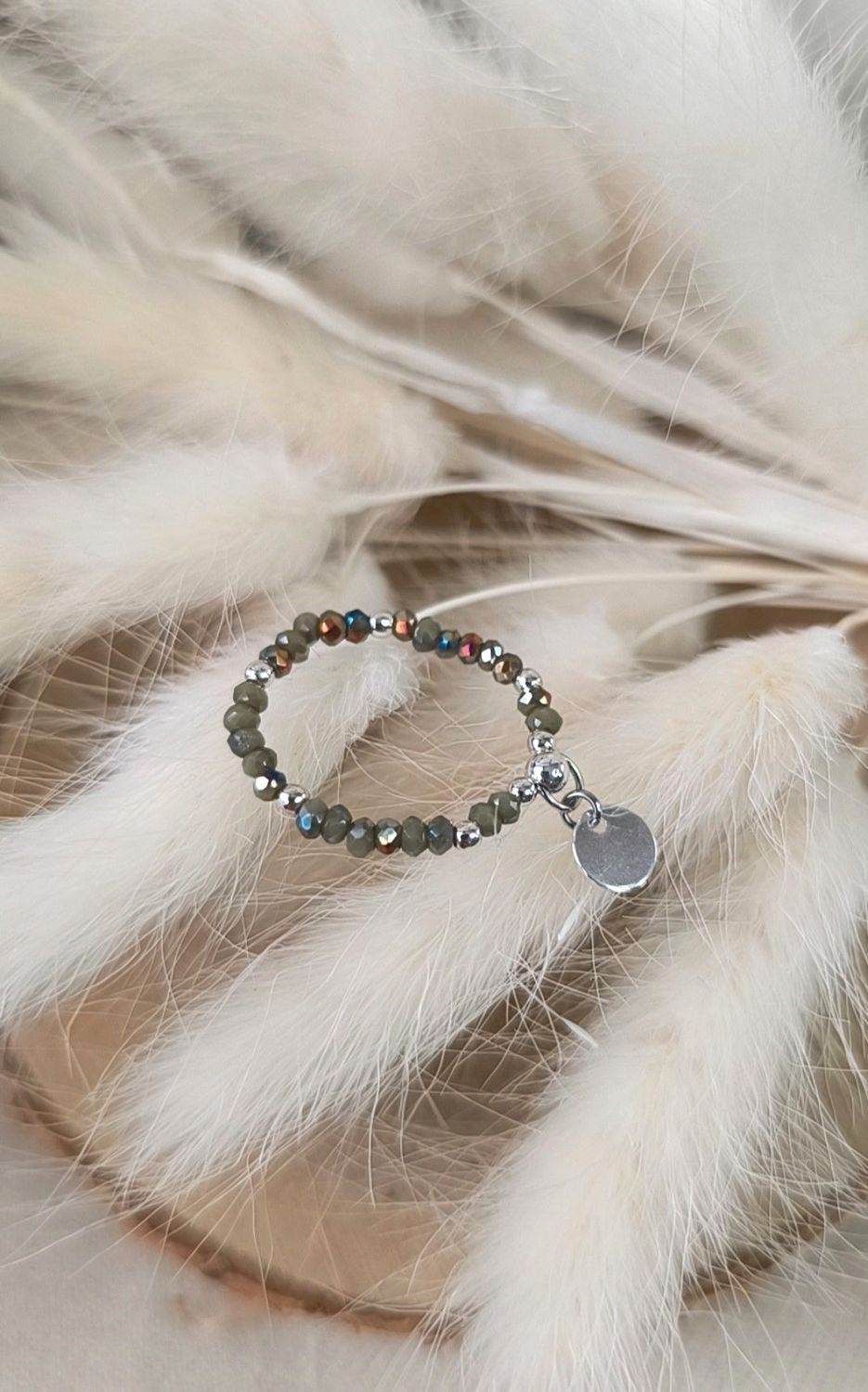 Bague "Hélyna" Perles en verre Kaki - Disponible en Or laminé ou Argent 925