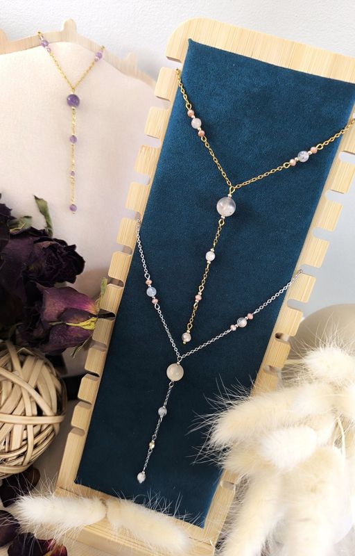 Collier "Astre" - Agate Fleur et acier inoxydable - Disponible en Doré ou Argenté