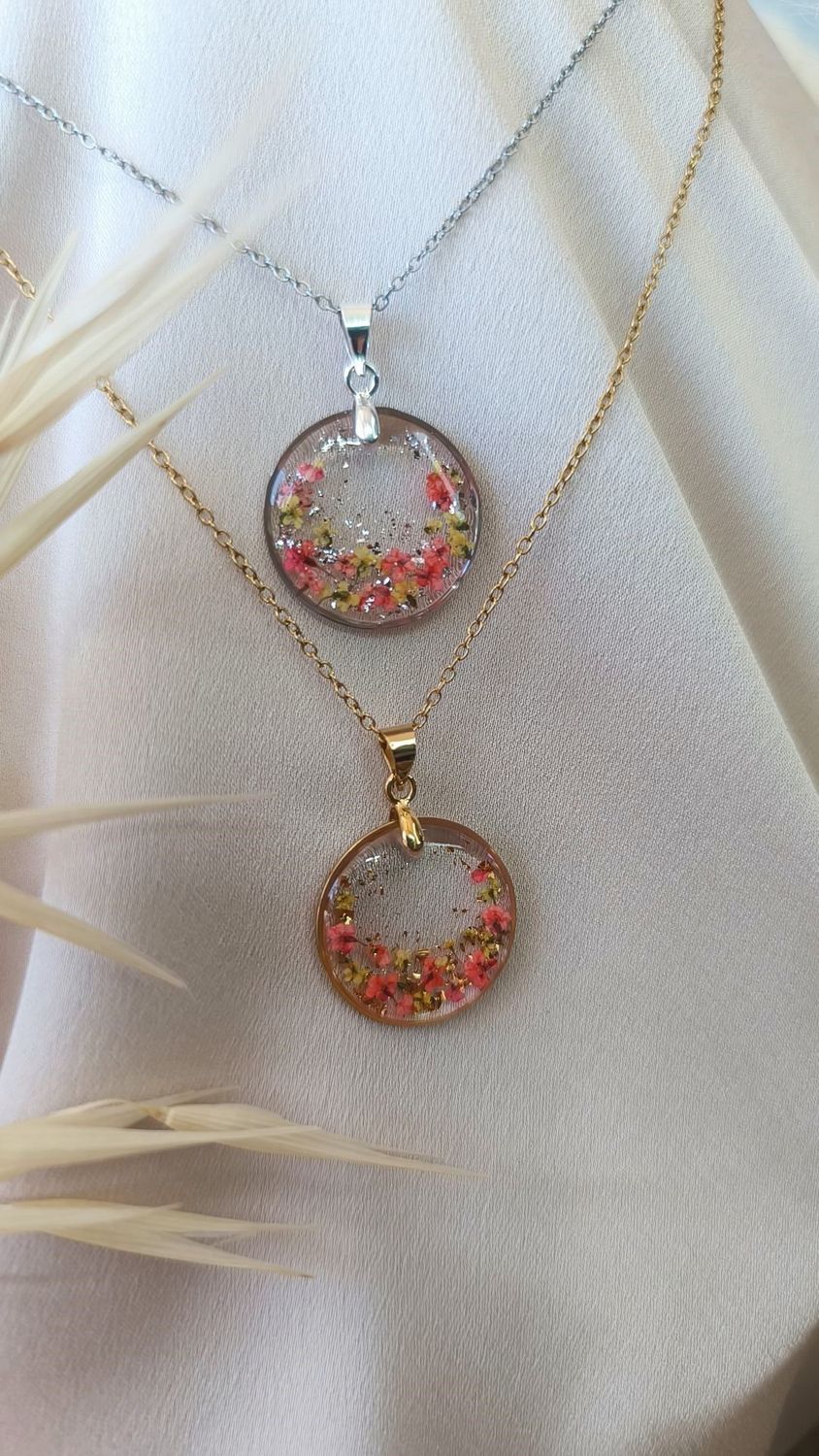 Collier "OSTARA" - Fleurs Roses et Jaunes - Acier Inoxydable Doré ou Argenté