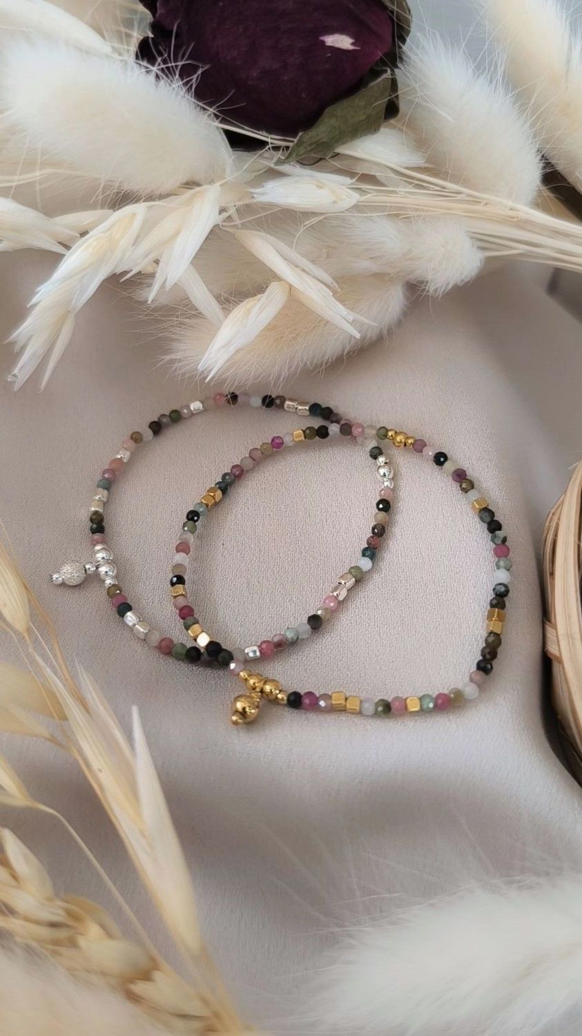 Bracelet " THÉIA " - Tourmaline Melon d'eau - Acier inoxydable doré ou Argent 925