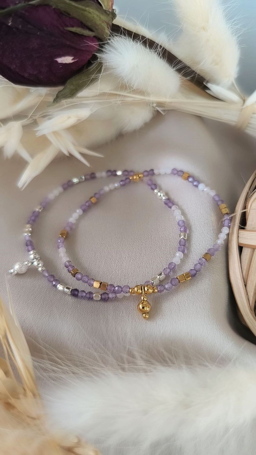 Bracelet " THÉIA " - Améthyste at Quartz Rose - Acier doré ou Argent 925
