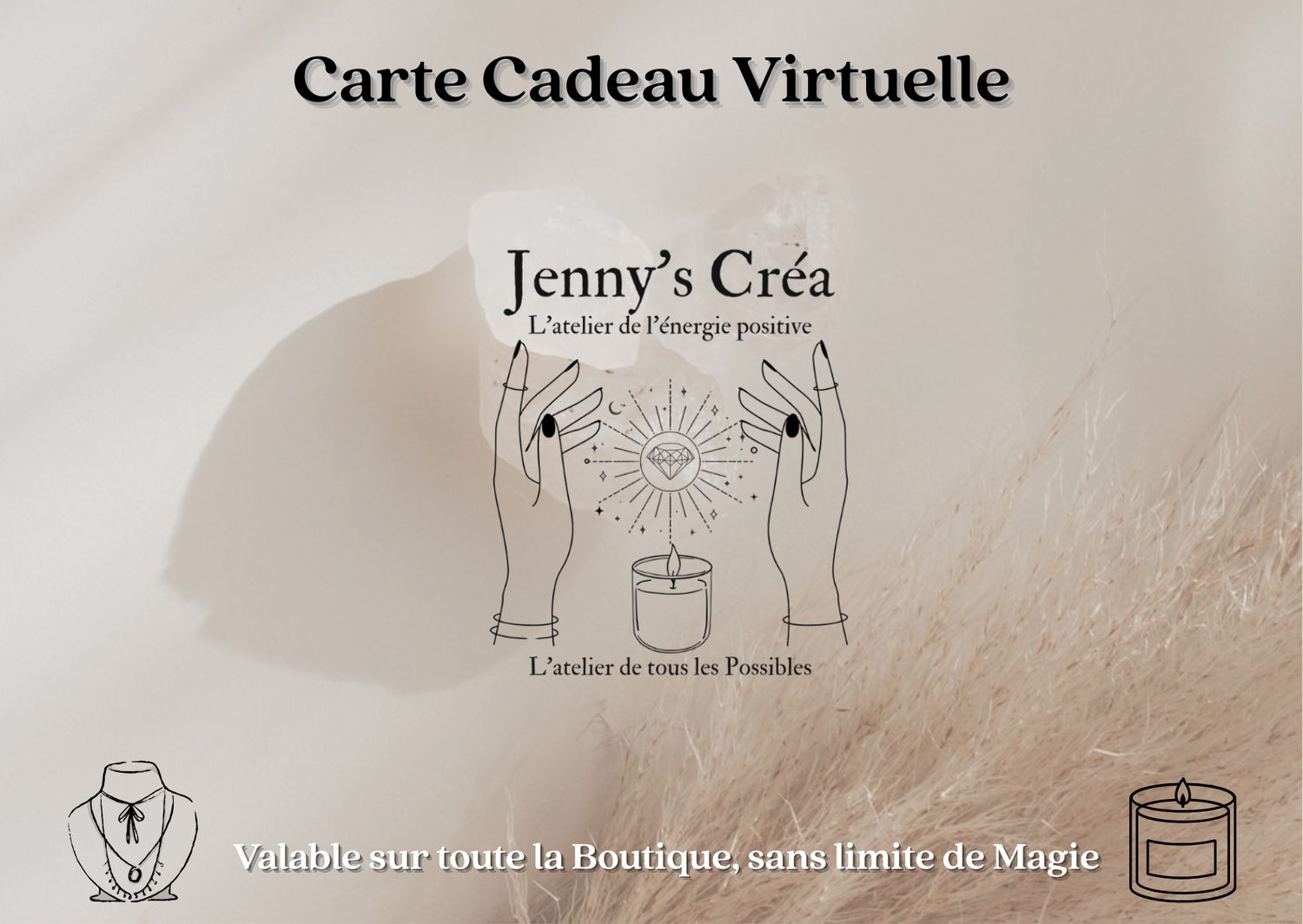 Carte Cadeau. Bijoux, bougies et minéraux...Un univers d'âme et de lumière à découvrir. Offrez le choix qui fera vibrer...