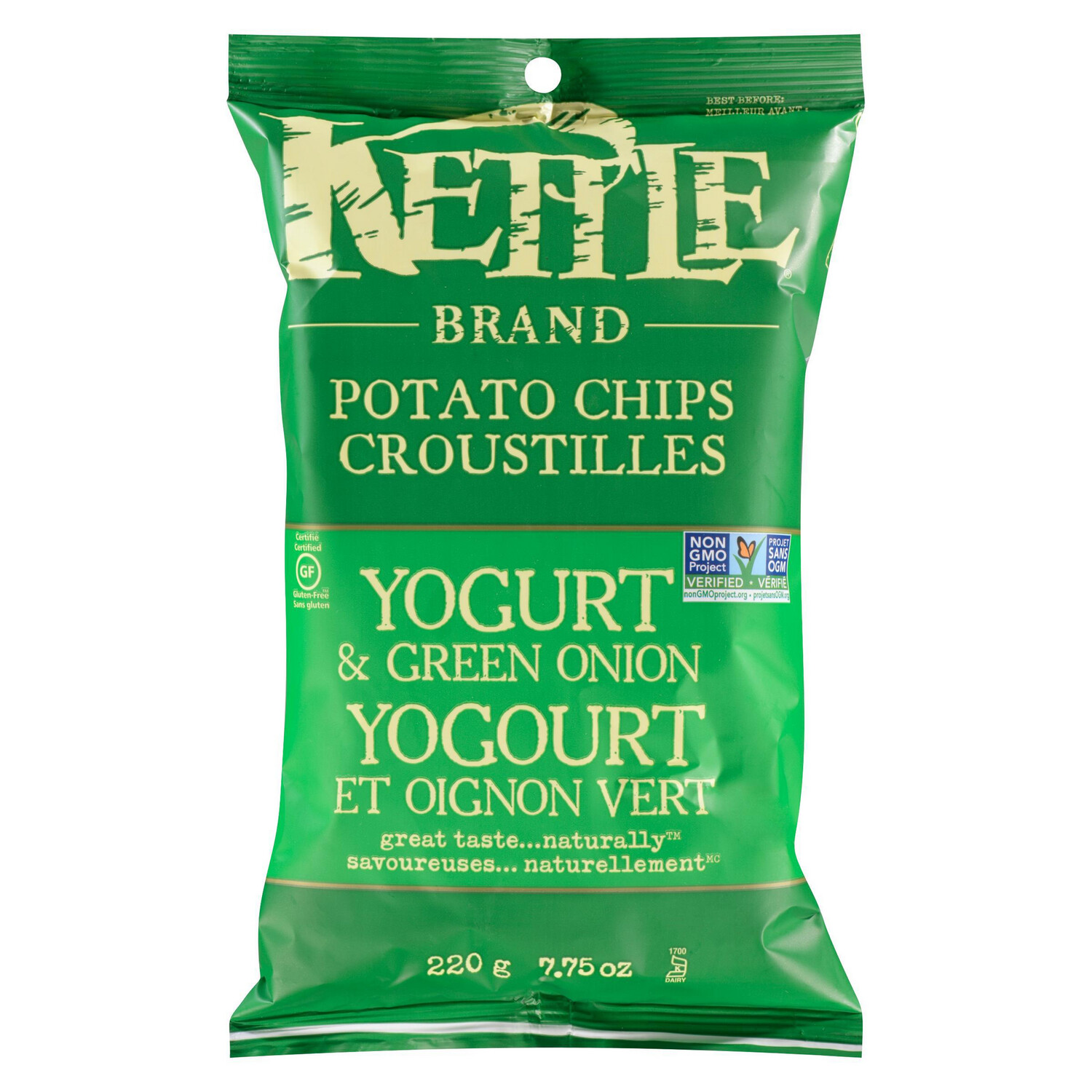 KETTLE CHIPS YOGURT AND GREEN ONION GLUTEN FREE POTATO CHIPS 220g