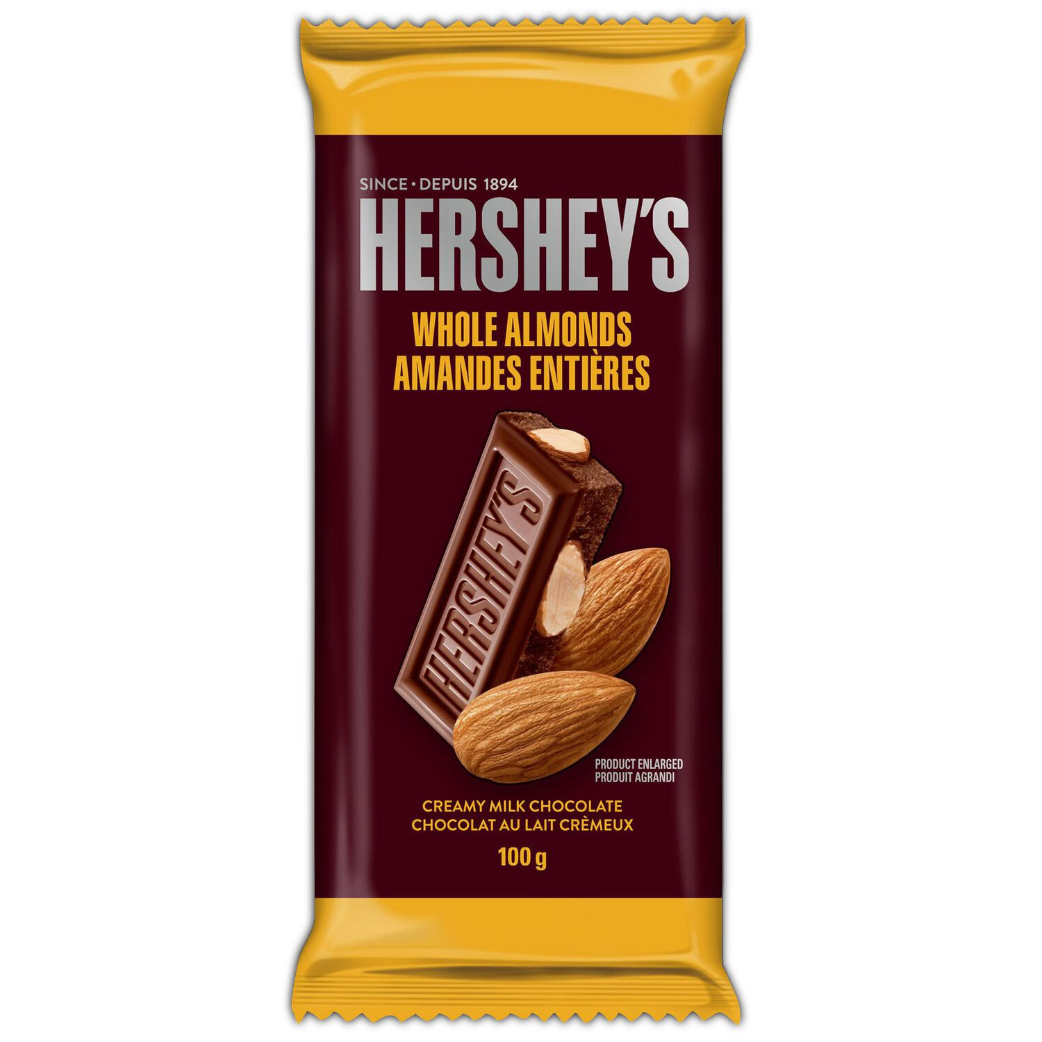 HERSHEY&#39;S WHOLE ALMONDS CREAMY MILK CHOCOLATE BAR 100g