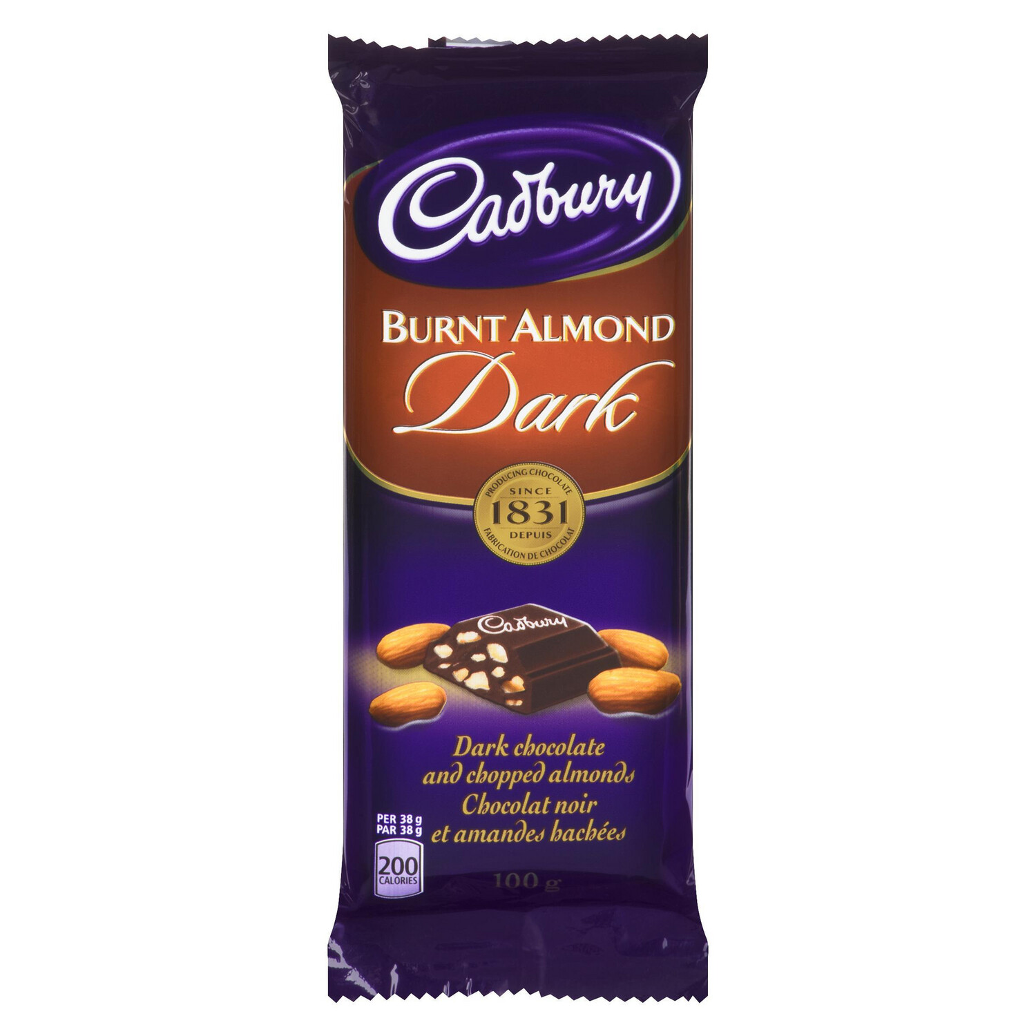 CADBURY BURNT ALMOND DARK CHOCOLATE CANDY BAR, 100G