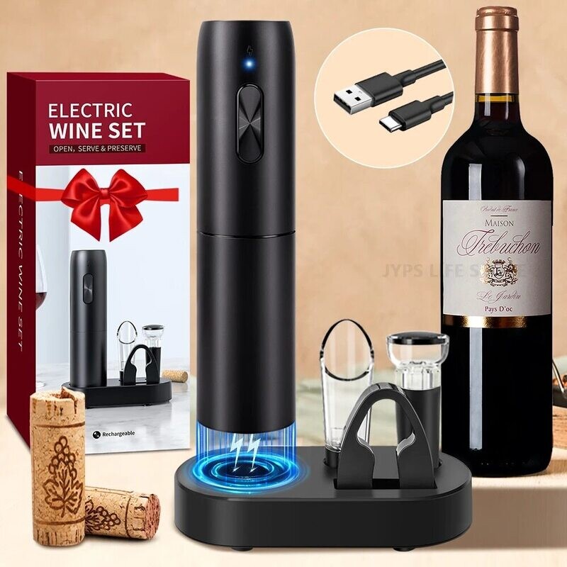 Conjunto de abridor de vinho elétrico com base de carregamento, Saca-rolhas automático com arejador, derramador e cortador de papel alumínio para cozinha, bar e festas Conjunto de abridor de vinho elétrico com base de carregamento, Saca-rolhas automático com arejador, derramador e cortador de papel alumínio para cozinha, bar e festas
