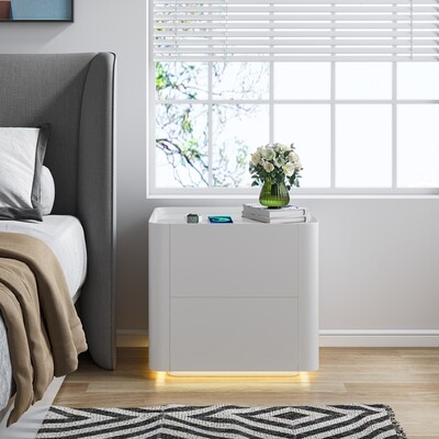 Gloss White Wood Nightstand with Warm Yellow Tone Induction Light Belt