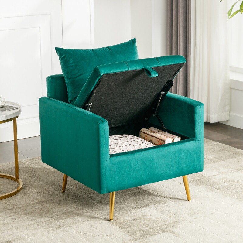 Moderner, minimalistischer Samtstuhl, Sessel, Ottomane mit Stauraum, Dekokissen und Armlehnen-Loungesessel mit goldenen Metallbeinen, Options: Green+Velvet