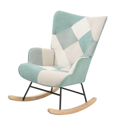 Accent Rocking Chair, Mid Century Fabric Rocker Chair with Wood Legs and Patchwork Linen for Livingroom Bedroom