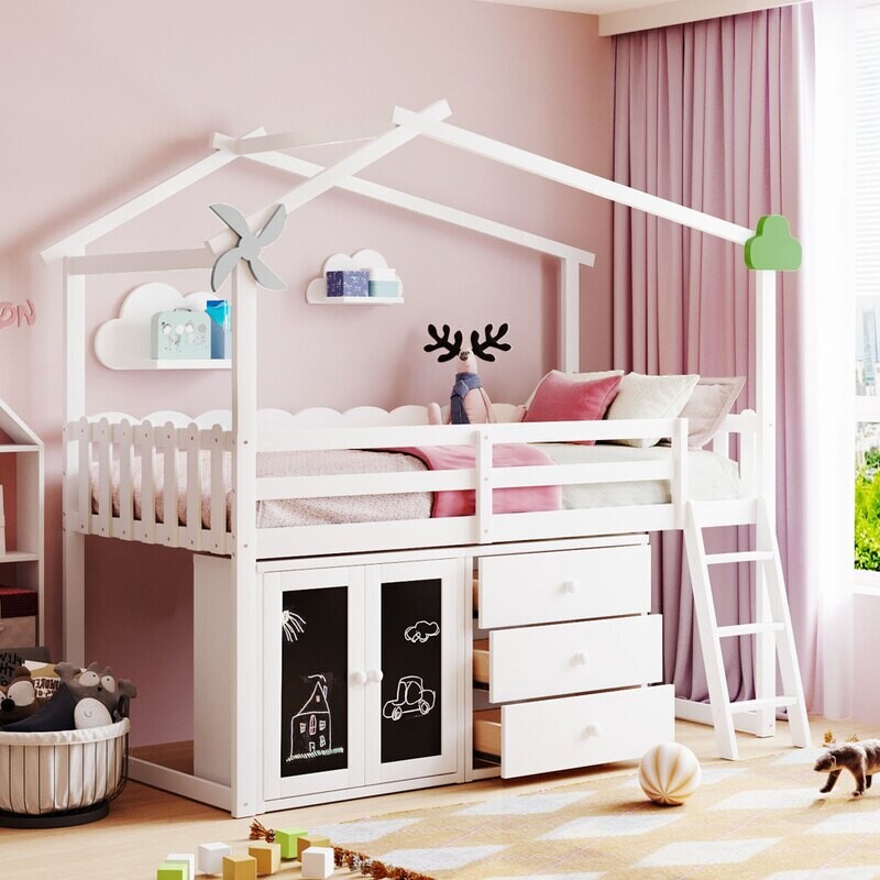 Twin Size House Bed With Cabinet and Drawers, White, Options: White+Plywood