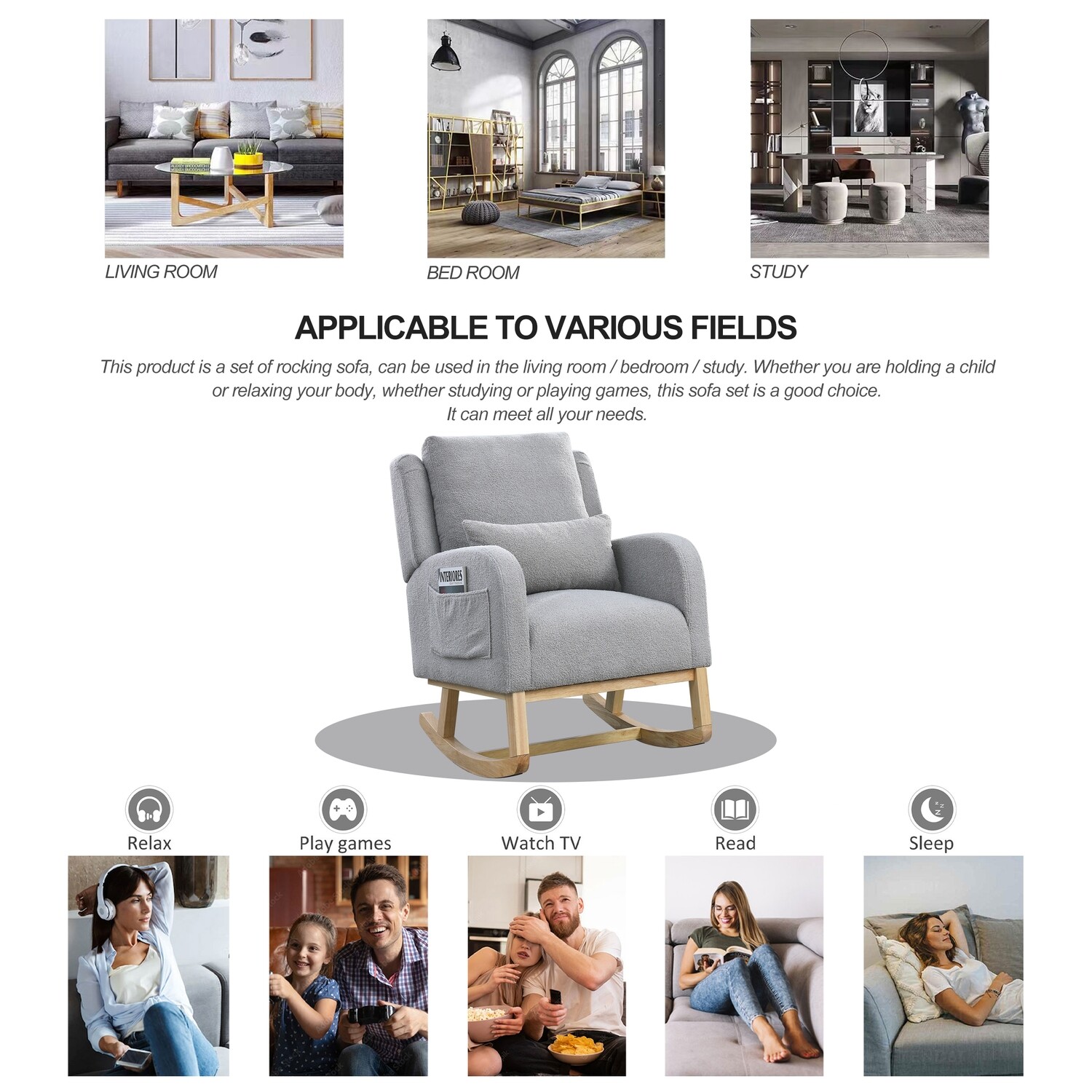 [Video] Welike 27.5 &quot;W Modern Accent High Back Living Room Casual Armchair Rocker with One Lumbar Pillow, Two Side Pockets,Teddy.