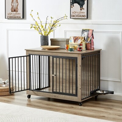 Furniture Style Dog Crate Side Table With Rotatable Feeding Bowl, Wheels, Three Doors, Flip-Up Top Opening, Indoor.