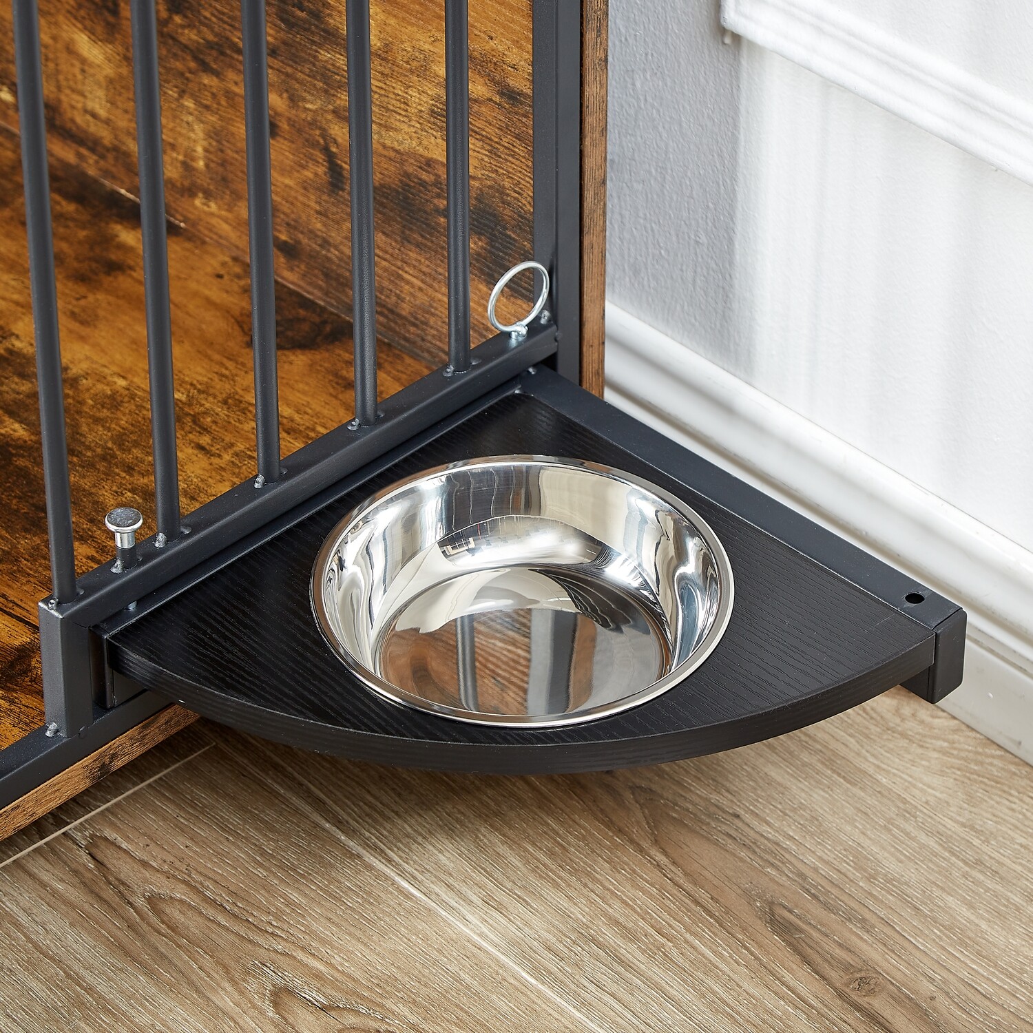 Furniture Style Dog Crate Side Table With Rotatable Feeding Bowl, Wheels, Three Doors, Flip-Up Top Opening, Indoor.