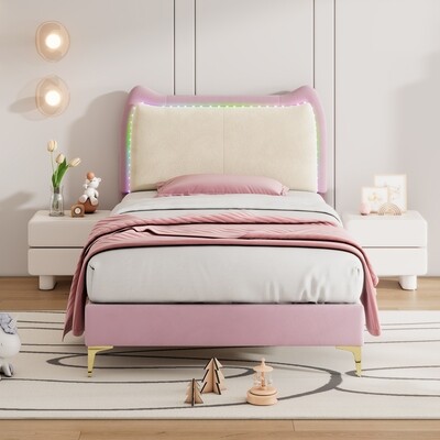 Polsterbett mit Kopfteil in Form eines Tierohrs, mit mehrfarbigen, wechselnden LED-Streifen, Kinderbett mit Holzlatten, Einzelbett, Samt, rosa Bettrahmen, weißer Bettkopfteil, 90x200cm