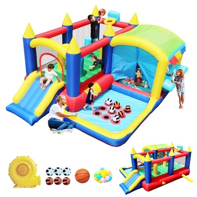 7 in 1 Inflatable Bounce House, Bouncy House with Ball Pit for Kids Indoor Outdoor Party Family Fun, Obstacles, Toddler Jump Bouncy Castle with Ball Pit for Birthday Party Gifts