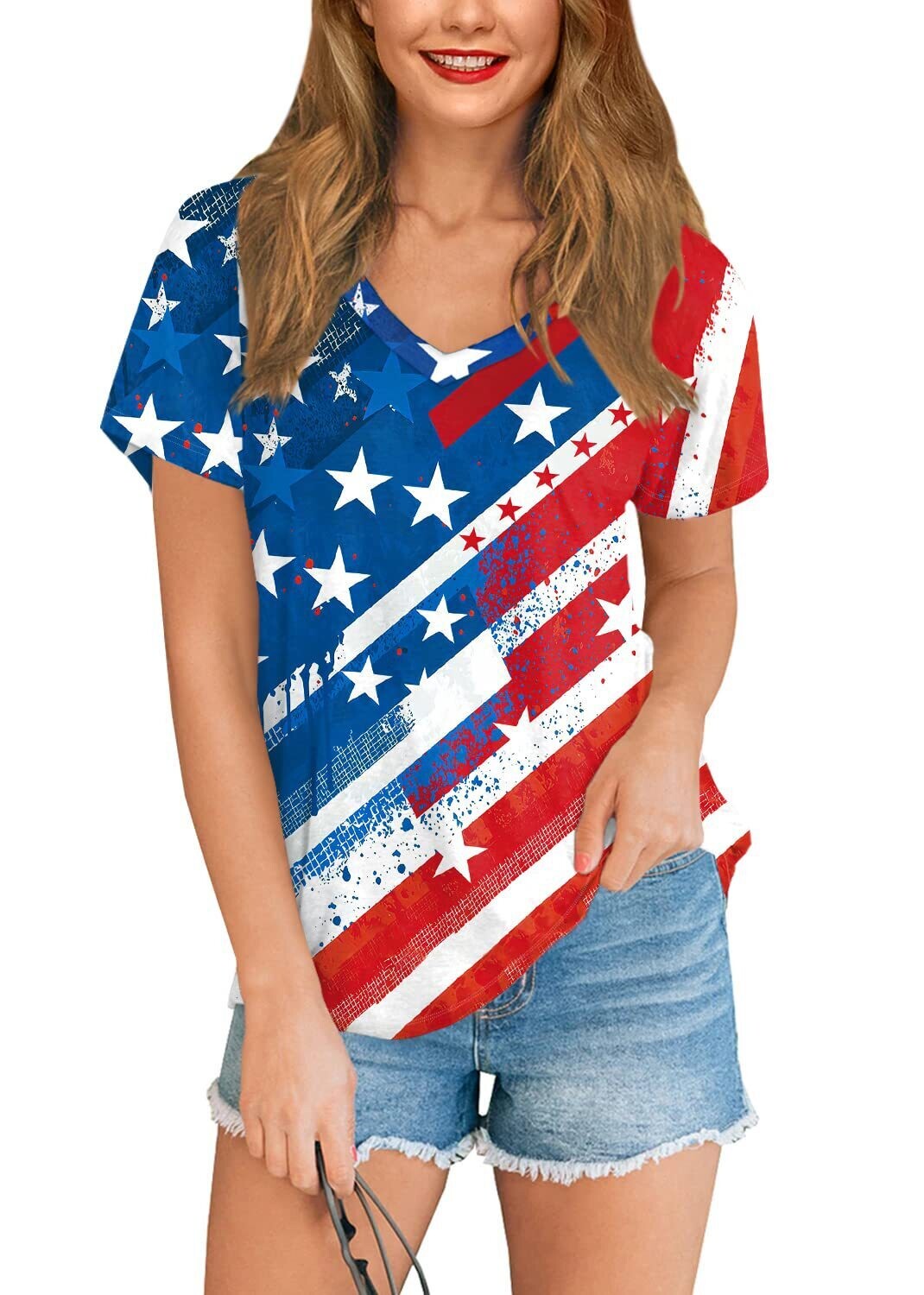 American Women Clothing 3D Full Body Printing All-match Independence Day Short-sleeved Stars And Stripes Bottoming T-shirt