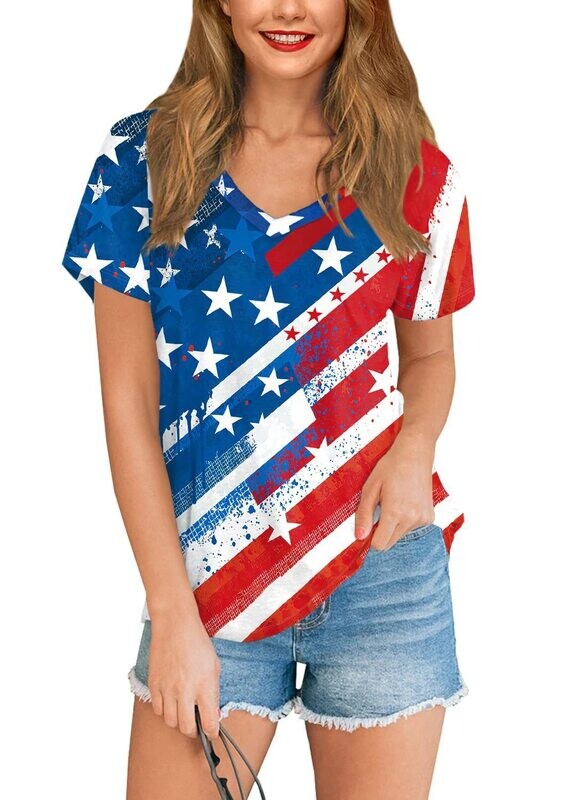 American Women Clothing 3D Full Body Printing All-match Independence Day Short-sleeved Stars And Stripes Bottoming T-shirt American Women Clothing 3D Full Body Printing All-match Independence Day Short-sleeved Stars And Stripes Bottoming T-shirt, Color: Style 1, Size: S