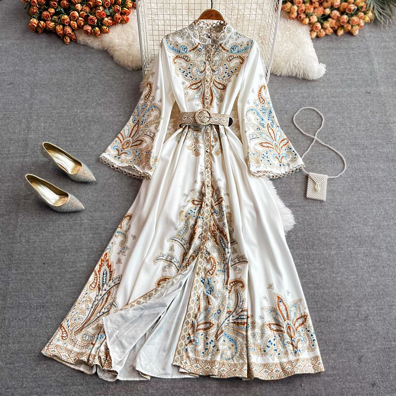 Spring And Autumn New Court Style Retro Print Long-sleeved Waist Waist Big Swing Dress Fashion Single-breasted Stand-up Collar Dress, Size: S, Color: White