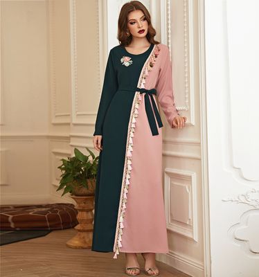 BA612 Beautiful Retro Green Pink Color Tassel Handmade Flower Rhinestone Long Sleeve Long Skirt Robe ABAYA