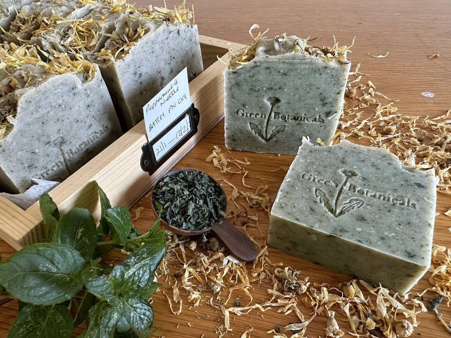 Green natural soap herbal handmade hand stamped