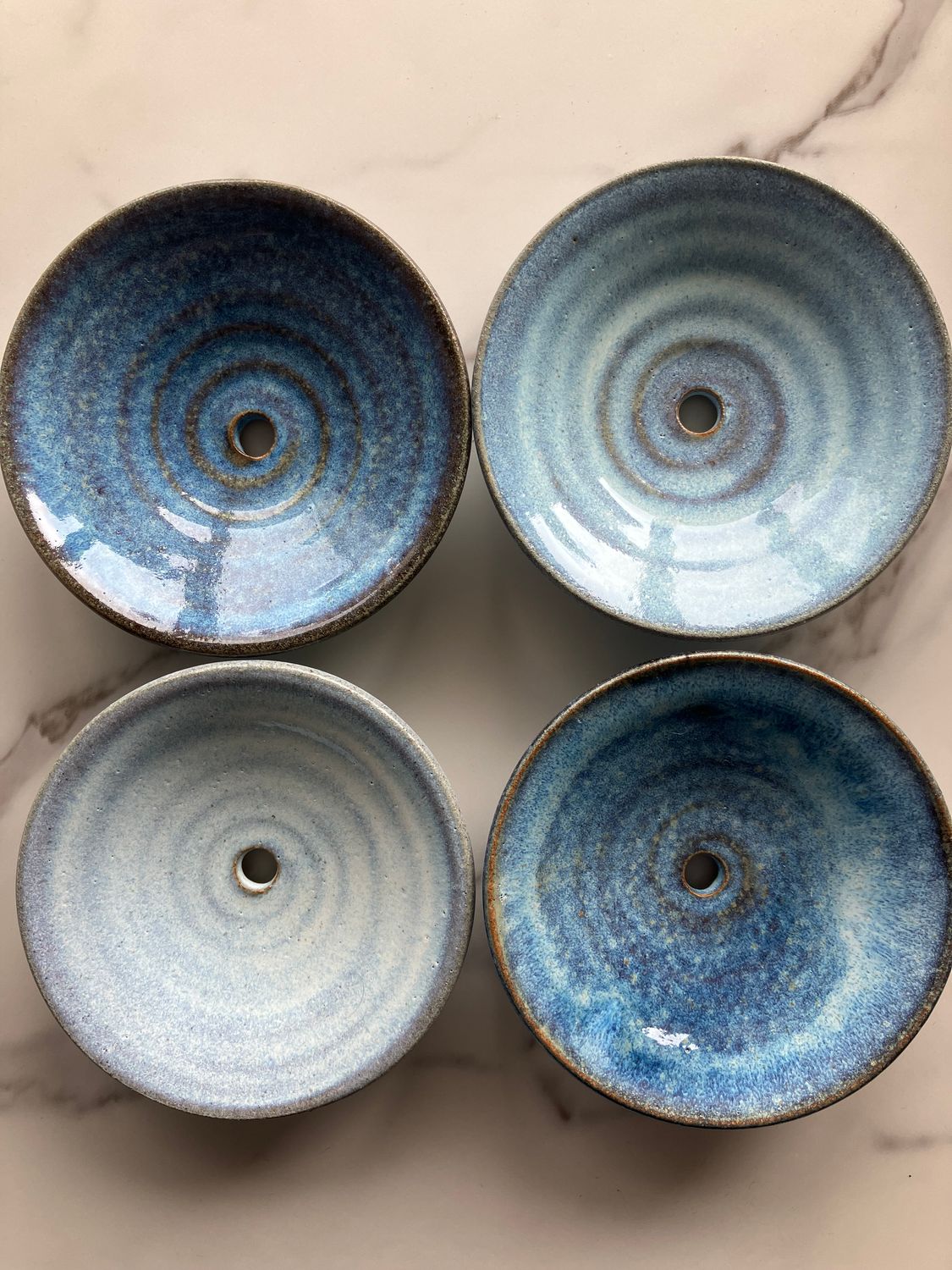 Round hand thrown draining stoneware soap dish blue