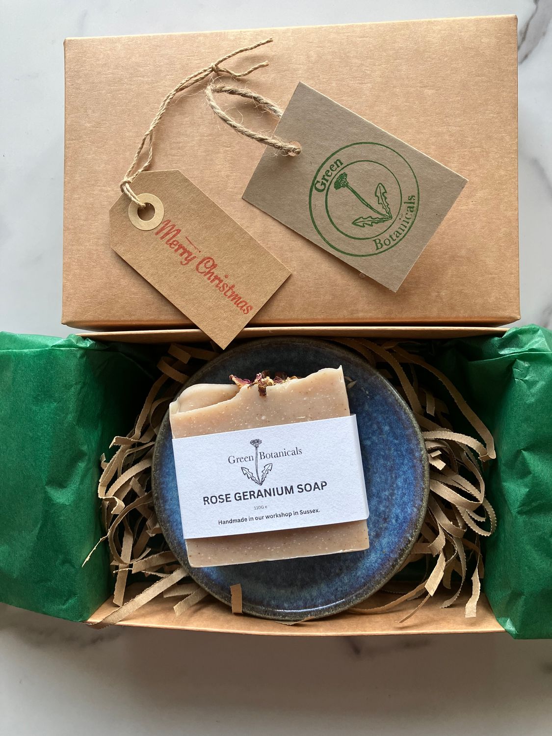 Natural soap bar with stoneware draining dish in a gift box