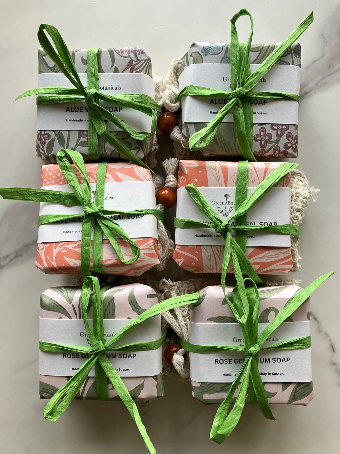 Gift wrapped natural soap with soap saver bag and rafia tie 