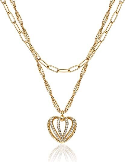 Layered Heart Necklace Pendant Handmade 18k Gold Plated Dainty Gold Choker Arrow Bar Layering Long Necklace,sick pice,perfect for your middel school girl!!!