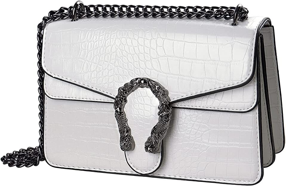 Crossbody Shoulder Bag for Women Luxurious Snake Print Leather Chain Tote Evening Square Handbag Satchel Purse White