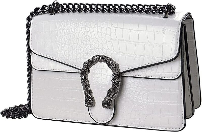 Crossbody Shoulder Bag for Women Luxurious Snake Print Leather Chain Tote Evening Square Handbag Satchel Purse White
