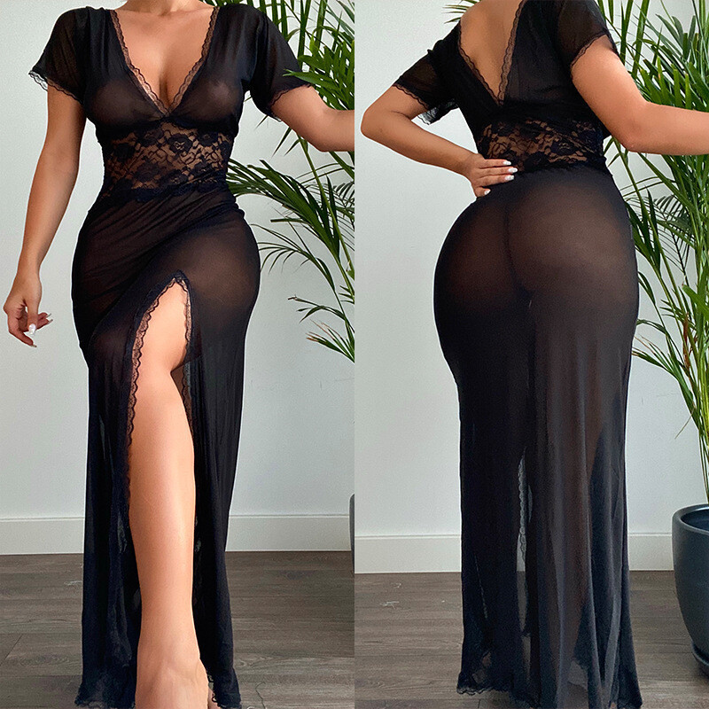 V-Neck Sexy Long See Through Dress