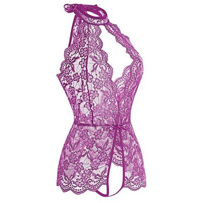 Purple Halter Cut-out Crotchless  Backless Bodysuit