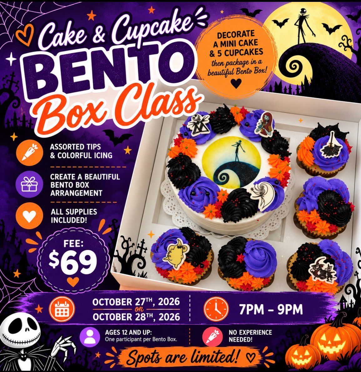 Halloween Cake & Cupcake Bento Box Class- Nightmare Before Christmas theme, October 27th, 2026 Halloween Cake & Cupcake Bento Box Class- Nightmare Before Christmas theme, October 27th, 2026