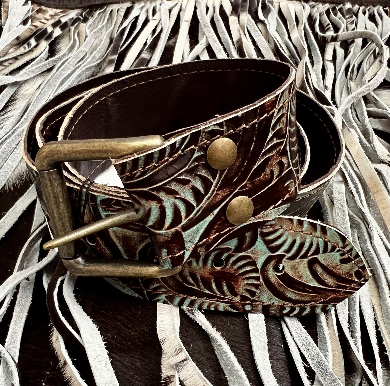 Turquoise Brown Floral Genuine Leather Belt