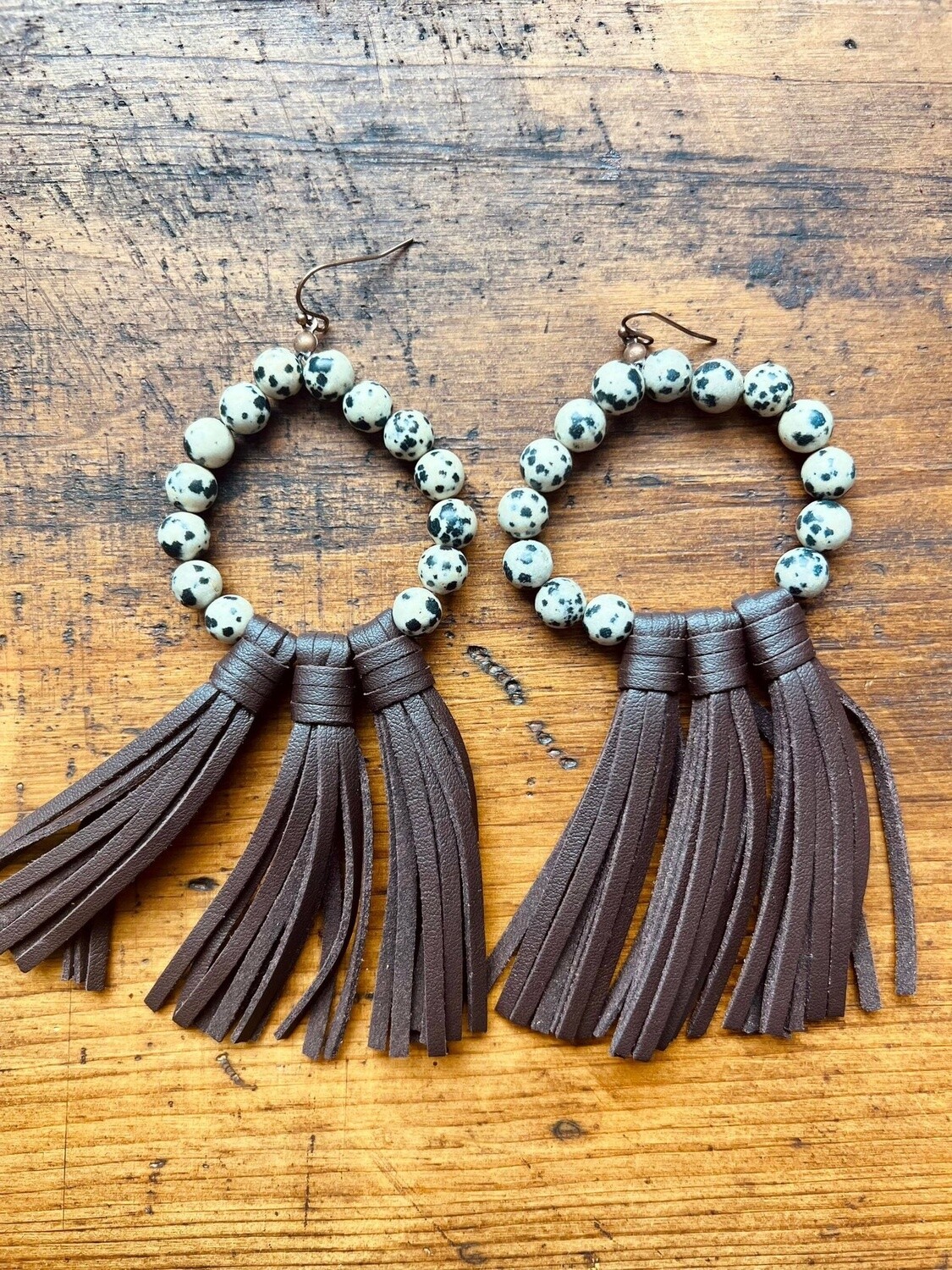 Willa Leather Tassel Earrings, Colour: Cow Print Beads &amp; Brown