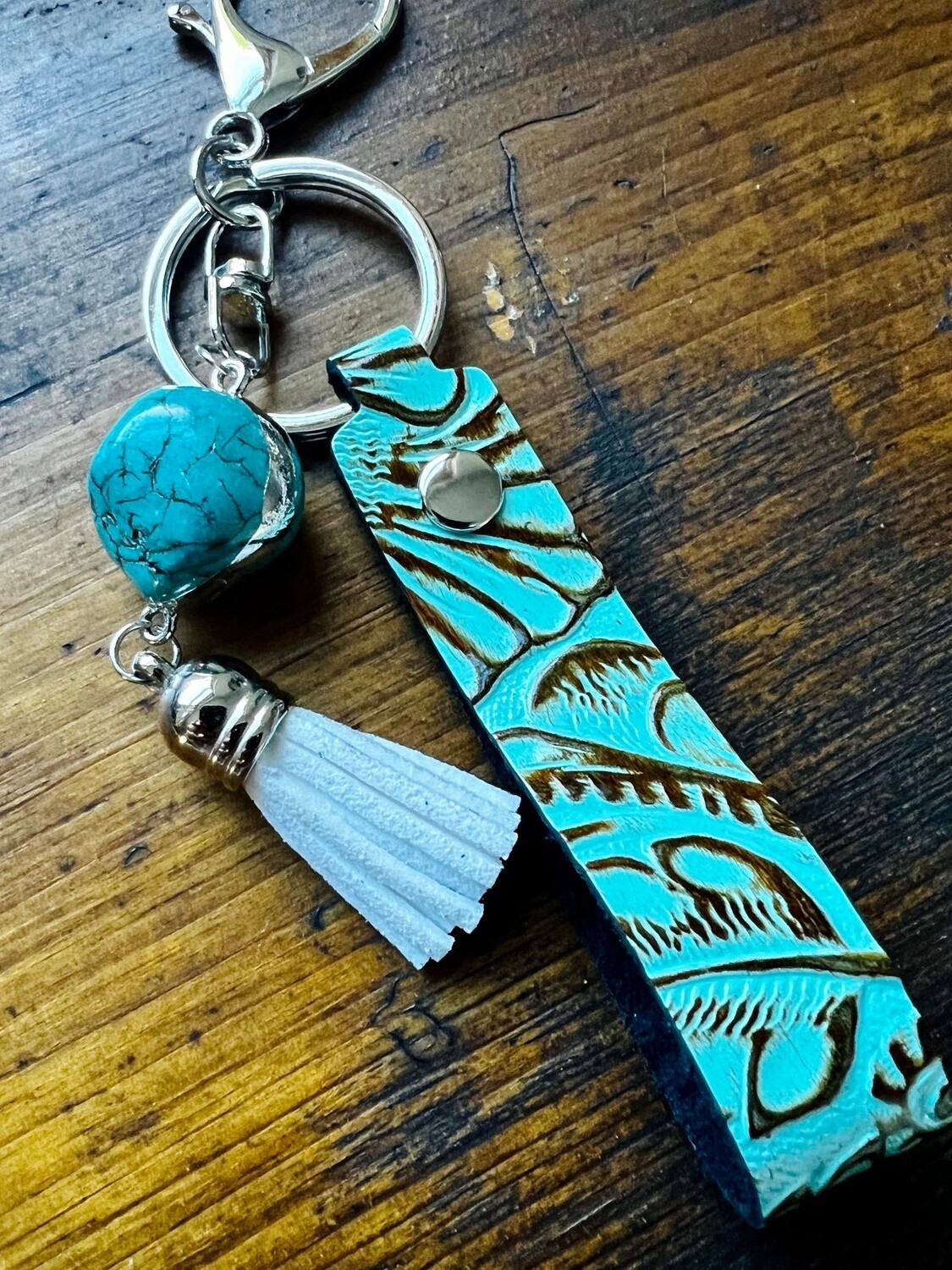 Tooled Leather Keychain, Colour: Turquoise